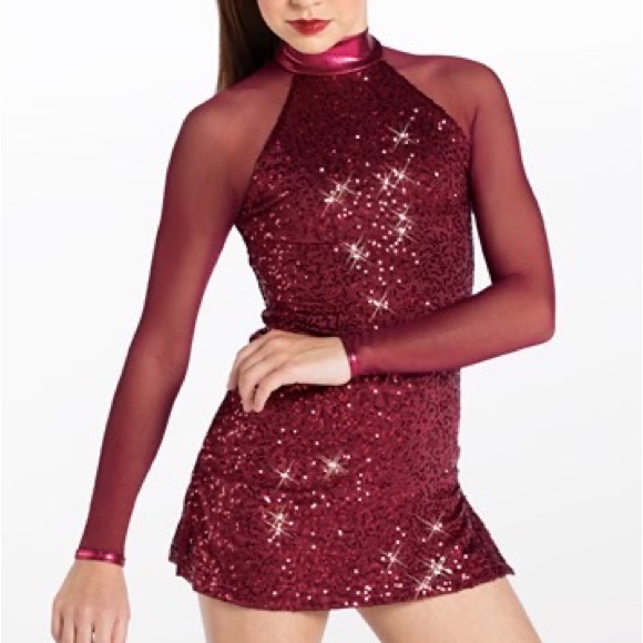 Girls Dance Cheer Maroon Sequined Shimmer Metallic Uniform W/ Built In Bloomers
